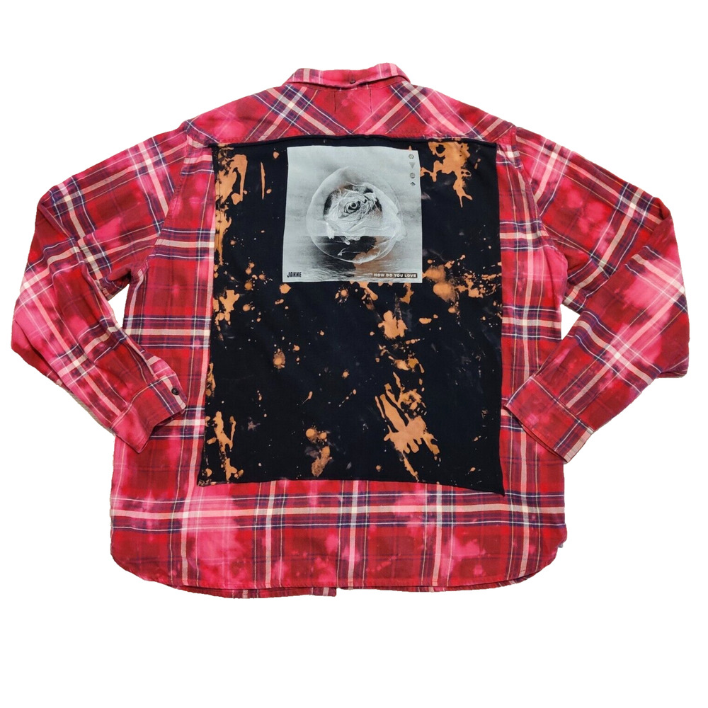 URBNVTG Mens Jakke Patch Flannel Size XL Red Upcycled OOAK 90s Grunge Acid Wash